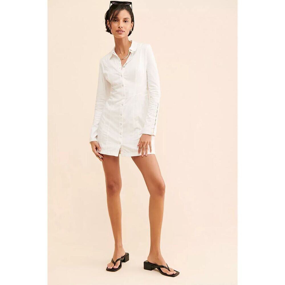 Free People Thea Button-Front Collared Shirt Dress- white- SIZE SMALL